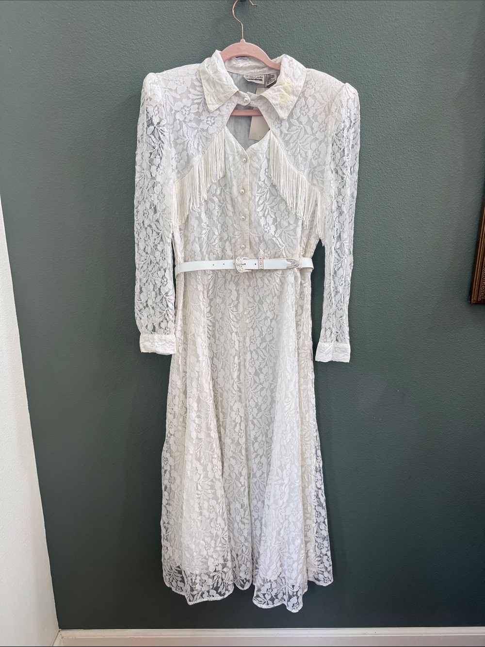 NWT Vintage Tillman Deadstock Western Fringe White Lace Dress Sz M Cowgirl